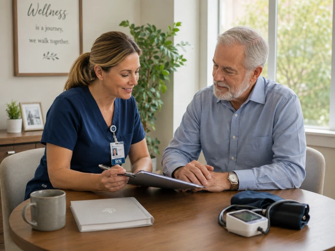 Registered Nurse discussing a wellness summary with an older man in a comfortable private office setting.