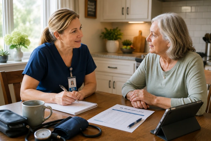 Registered Nurse reviewing medications and health concerns with an older woman during an in-home wellness visit.