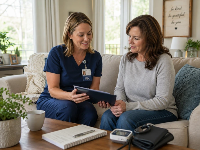 Registered Nurse reviewing wellness progress and next steps with a middle-aged woman during a follow-up visit.